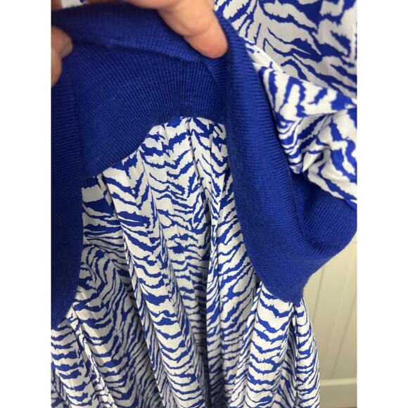 Vintage 80s Blue White Tiger Animal Print Secretary Dress Midi Oversized 12 L/XL - Picture 5 of 9